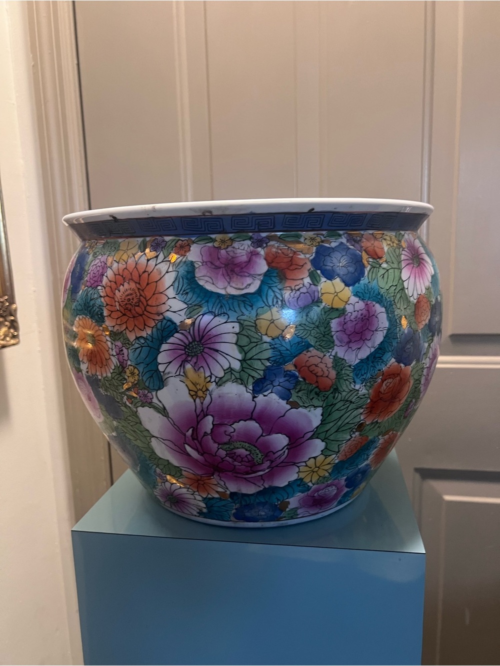 VTG Hand-Painted Floral Ceramic Fishbowl Planter in Multicolor